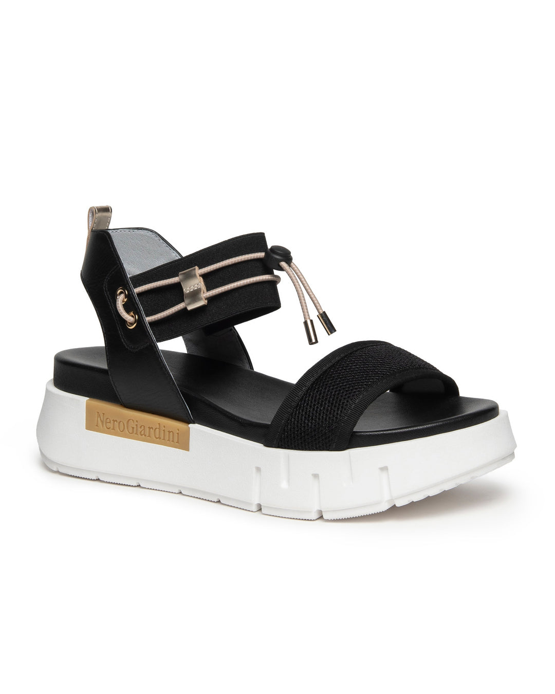 Nero Giardini Bungee Platform Flat Sandal in Black available atBarbara Katz