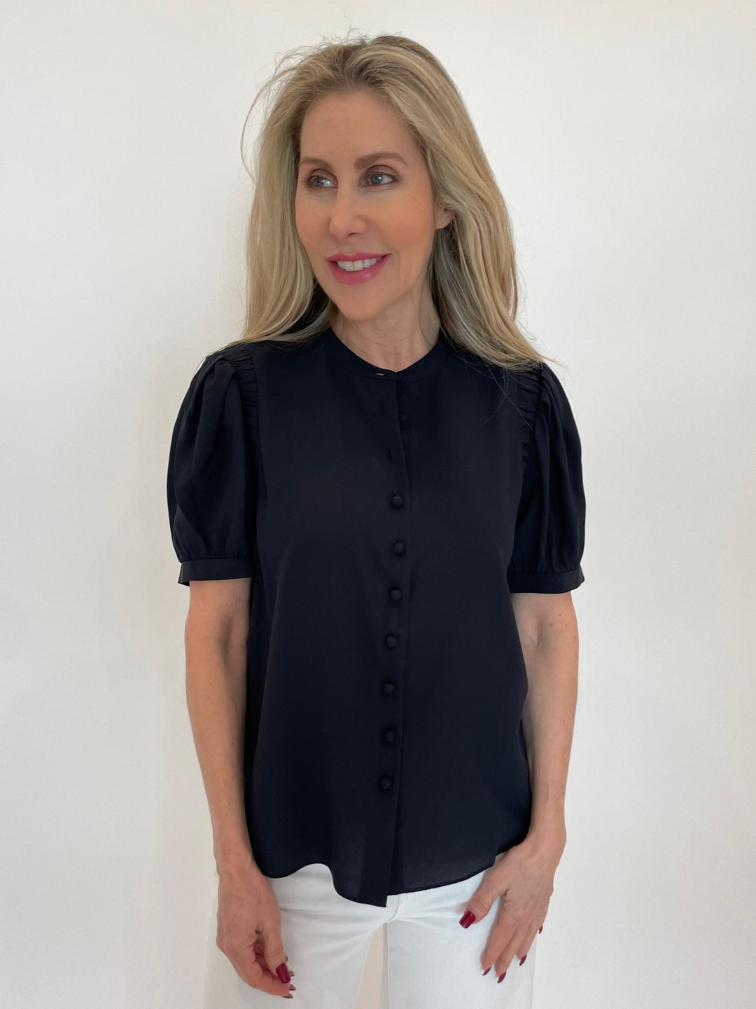 Frame The Silk Gathered Top in Navy available at Barbara Katz