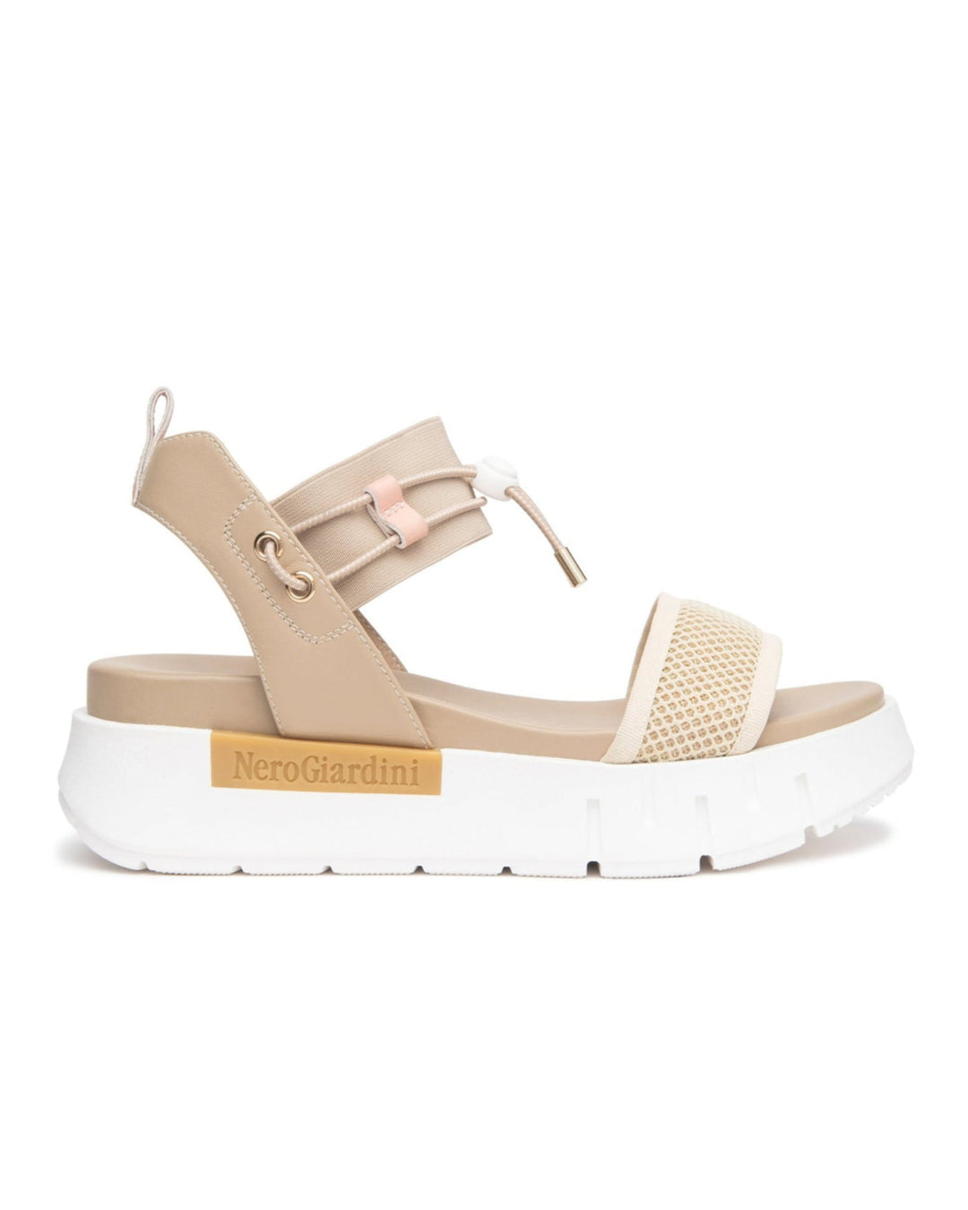 Nero Giardini Bungee Platform Flat Sandal in Beige available atBarbara Katz