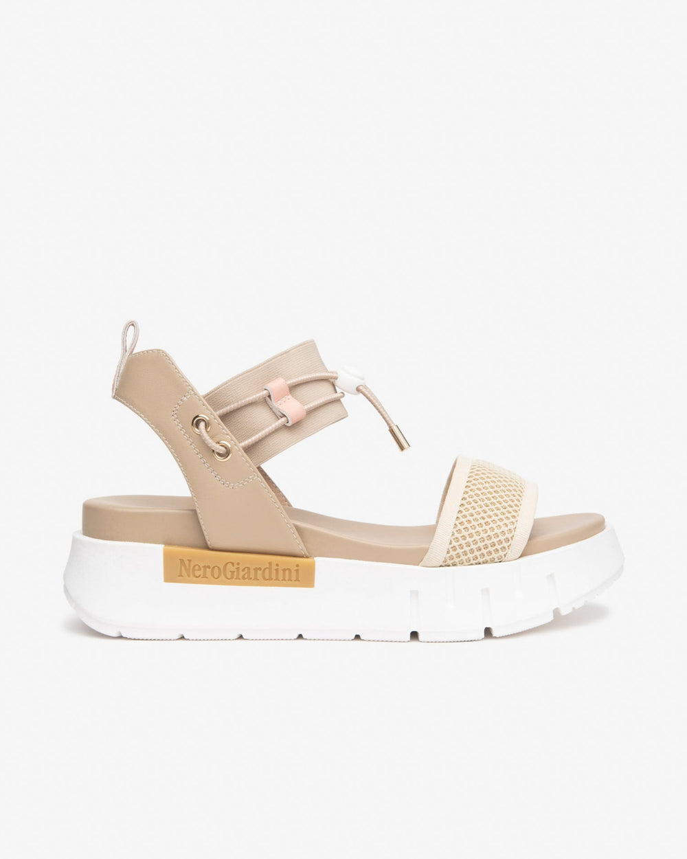 Nero Giardini Bungee Platform Flat Sandal in Beige available atBarbara Katz