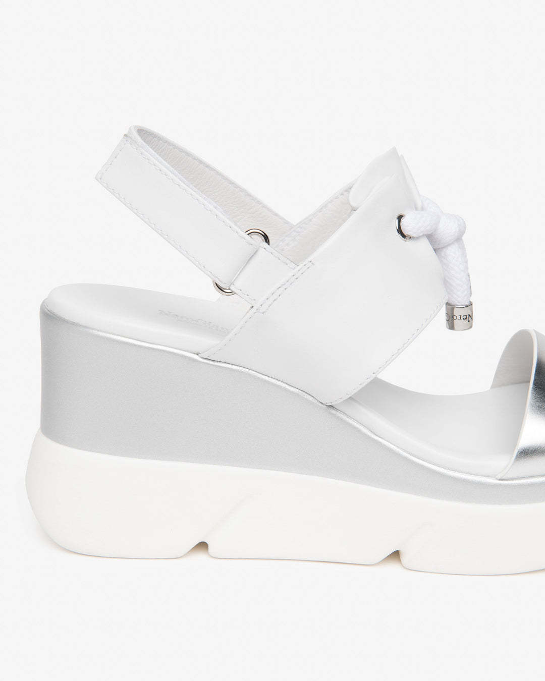 NeroGiardini Tati Bungee Platform Sport Wedge Sandals in White/Silver available at Barbara Katz