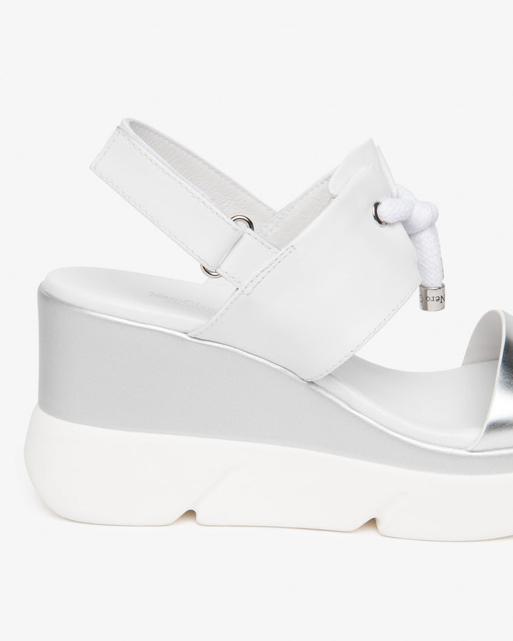 NeroGiardini Tati Bungee Platform Sport Wedge Sandals in White/Silver available at Barbara Katz