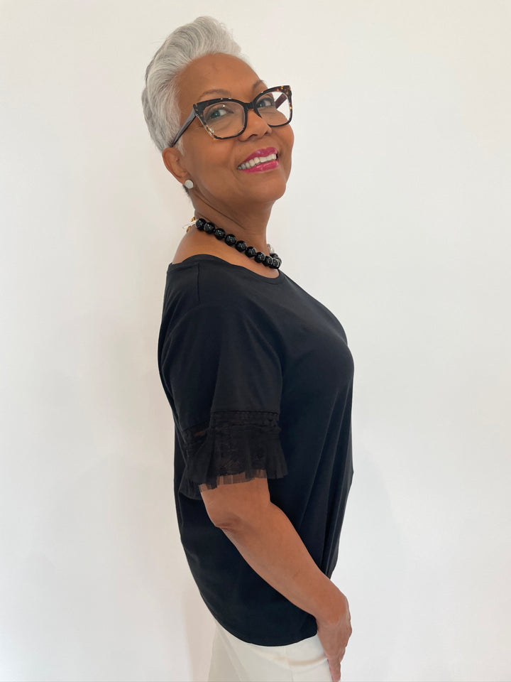 Leo & Ugo Leo Short Sleeve Lace Tee in Black available at Barbara Katz