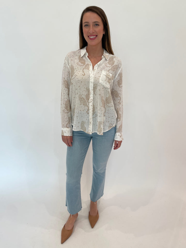 Rails Charli Shirt in Cheetah Spots paired with Mother The Hustler Ankle Fray Jeans in Ball's In Your Court available at Barbara Katz