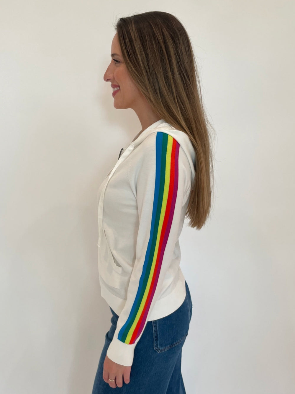 J Society Rainbow-Striped Sleeve Hoodie in White available at Barbara Katz