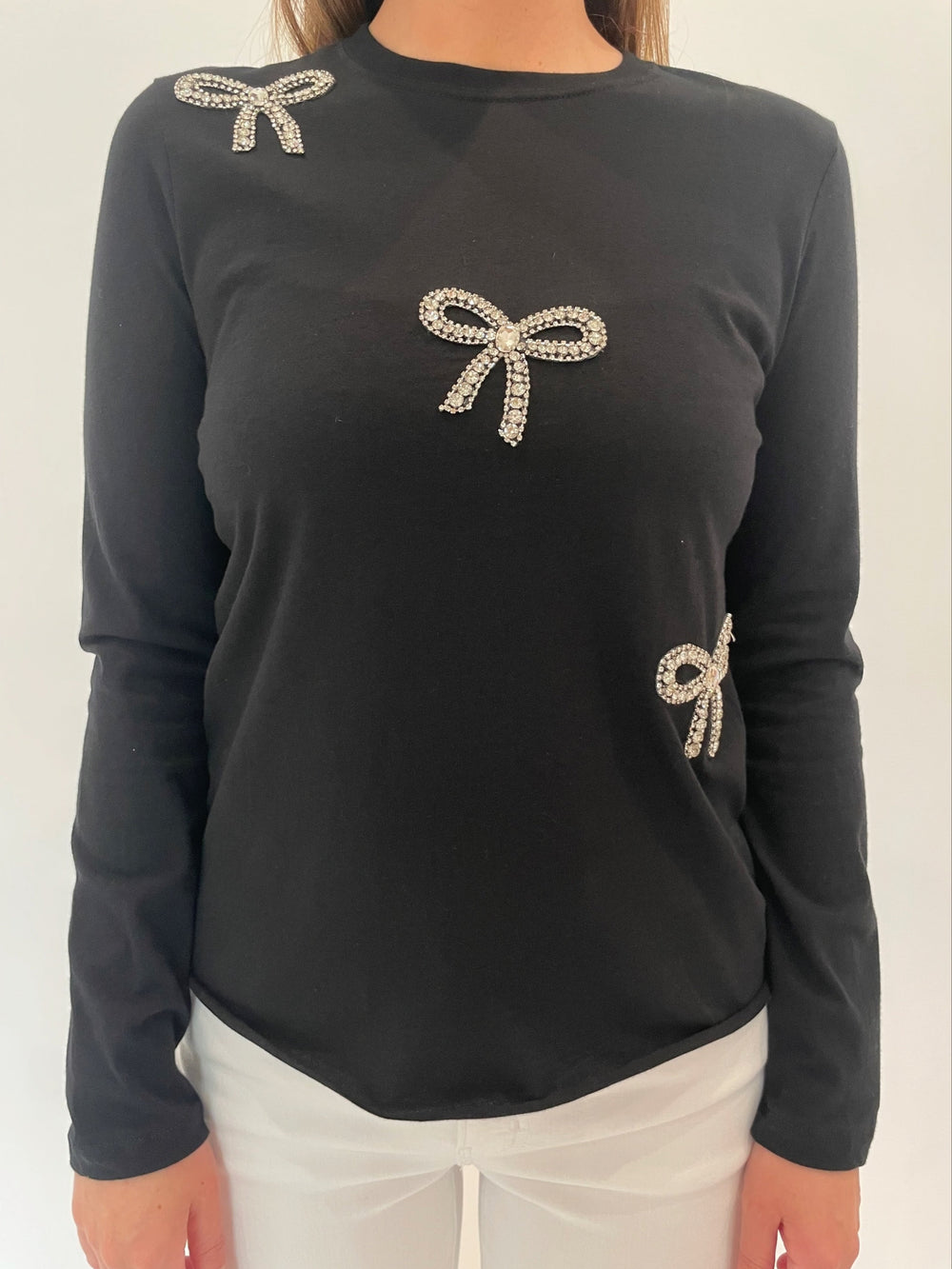 Suzy T Juliet Tee With Crystal Bows in Black available at Barbara Katz