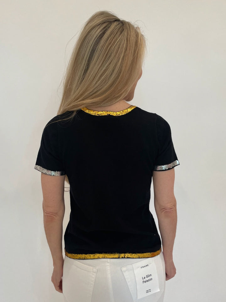 Peace of Cloth Black Sonya Short Sleeve Crew Top With Foil Trim available at Barbara Katz