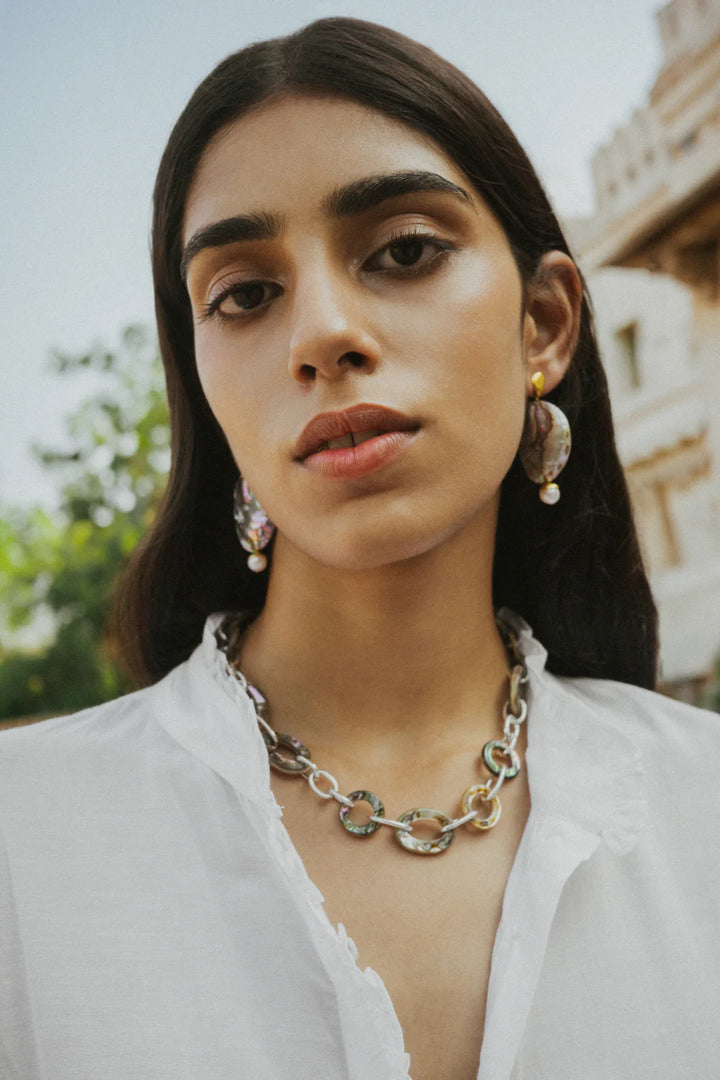 Chan Luu Luana Baroque Pearl Abalone Drop Earrings available at Barbara Katz