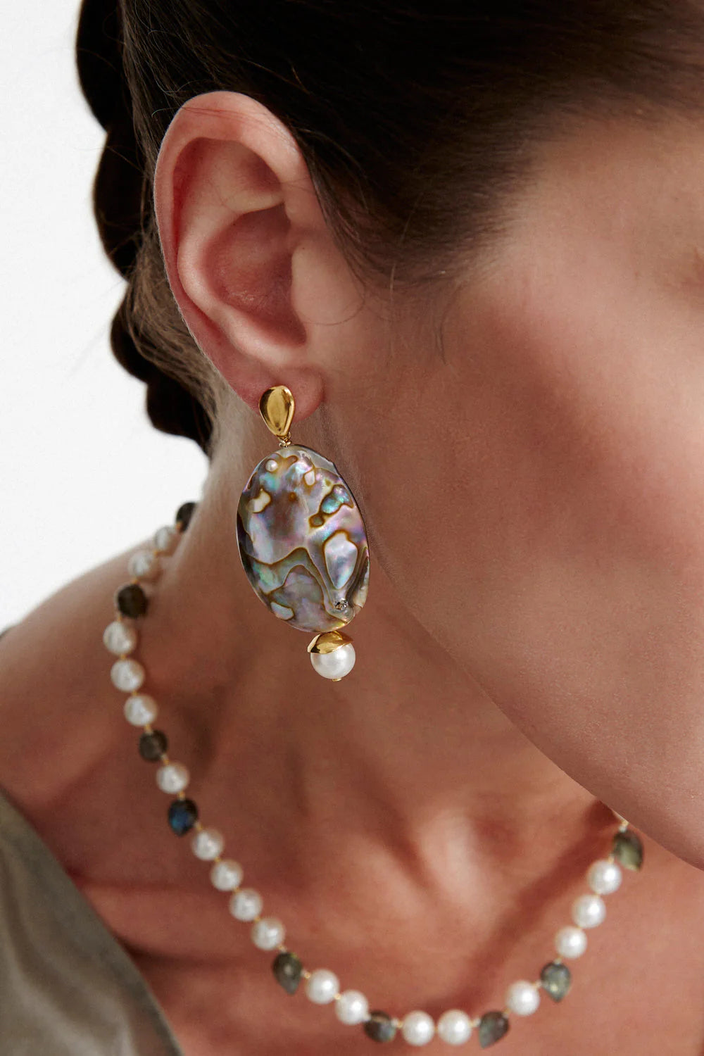 Chan Luu Luana Baroque Pearl Abalone Drop Earrings available at Barbara Katz