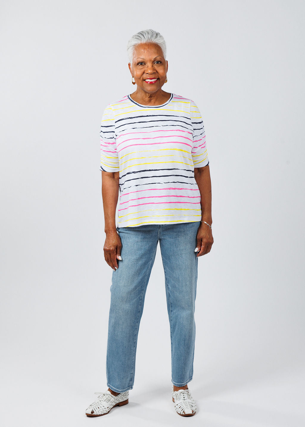 E.L.I Aileen Ruched Elbow Sleeve Top in Multi Stripe available at Barbara Katz