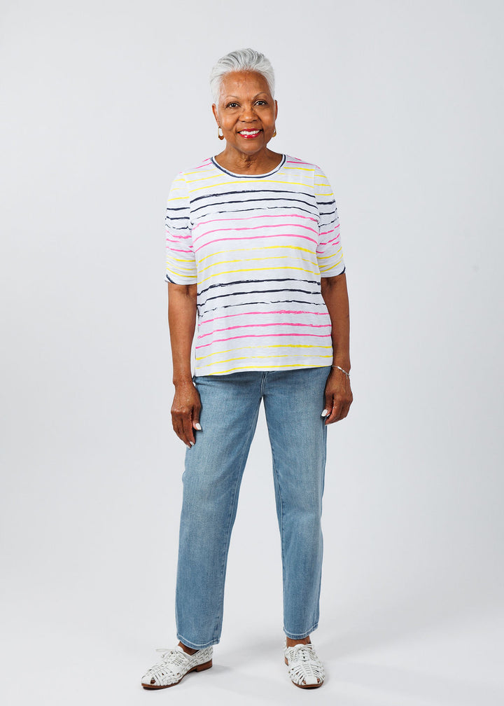 E.L.I Aileen Ruched Elbow Sleeve Top in Multi Stripe available at Barbara Katz