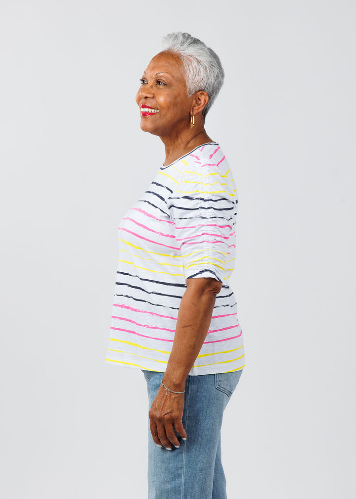E.L.I Aileen Ruched Elbow Sleeve Top in Multi Stripe available at Barbara Katz
