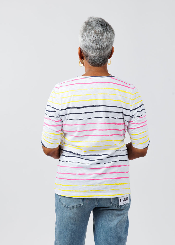 E.L.I Aileen Ruched Elbow Sleeve Top in Multi Stripe available at Barbara Katz