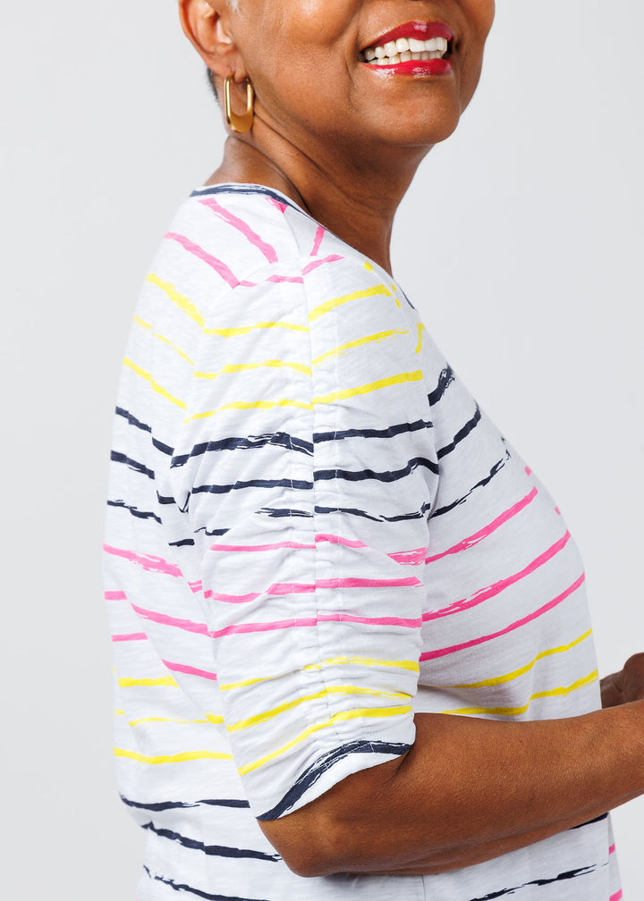 E.L.I Aileen Ruched Elbow Sleeve Top in Multi Stripe available at Barbara Katz