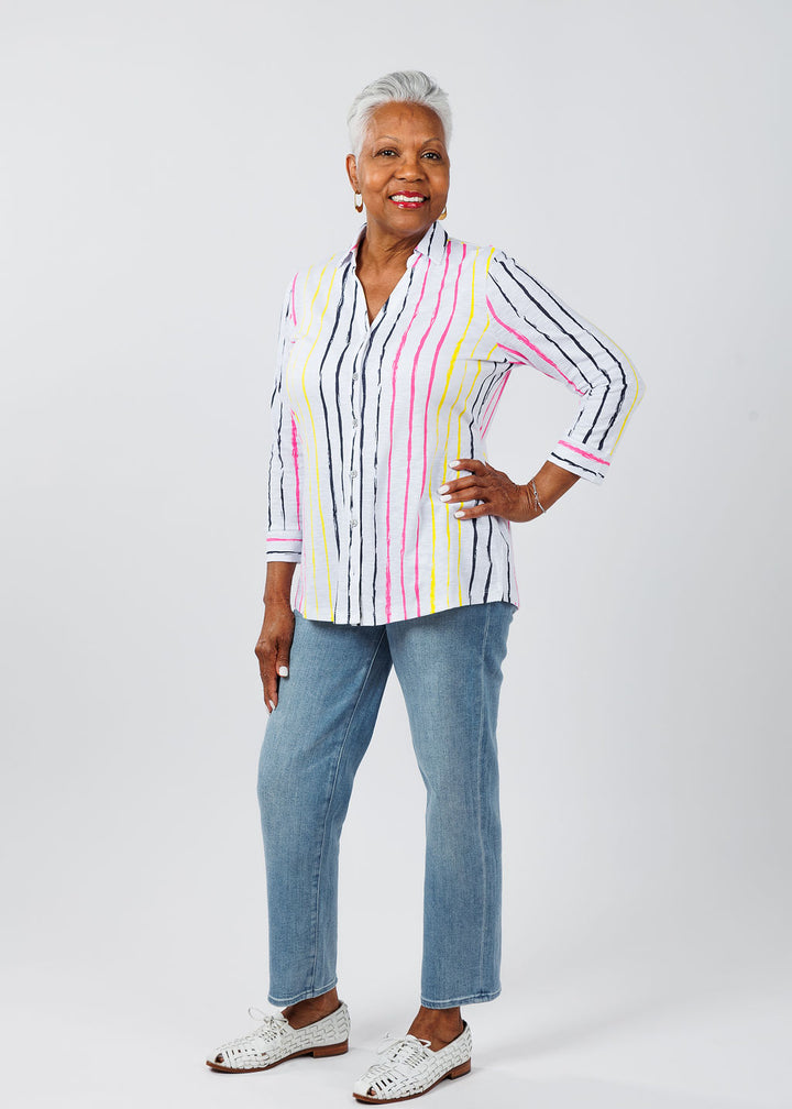 E.L.I Cece 3/4 Sleeve Shirt Jacket in Multi Stripe available at Barbara Katz