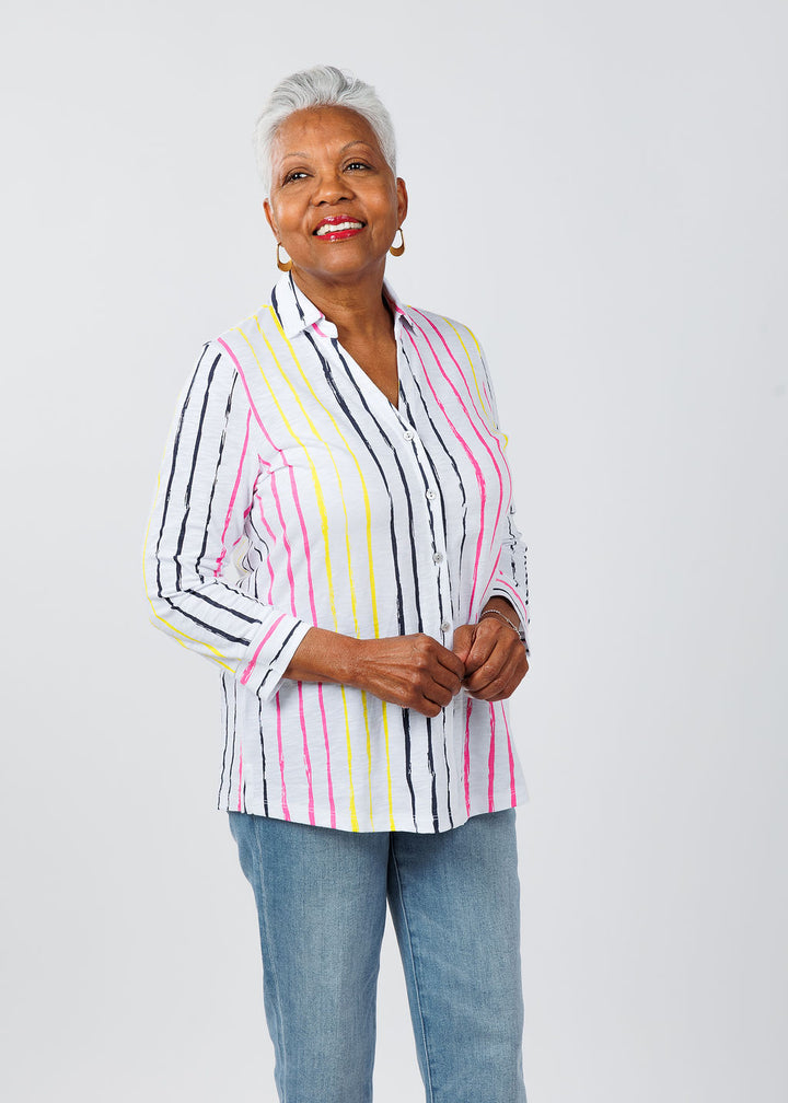 E.L.I Cece 3/4 Sleeve Shirt Jacket in Multi Stripe available at Barbara Katz