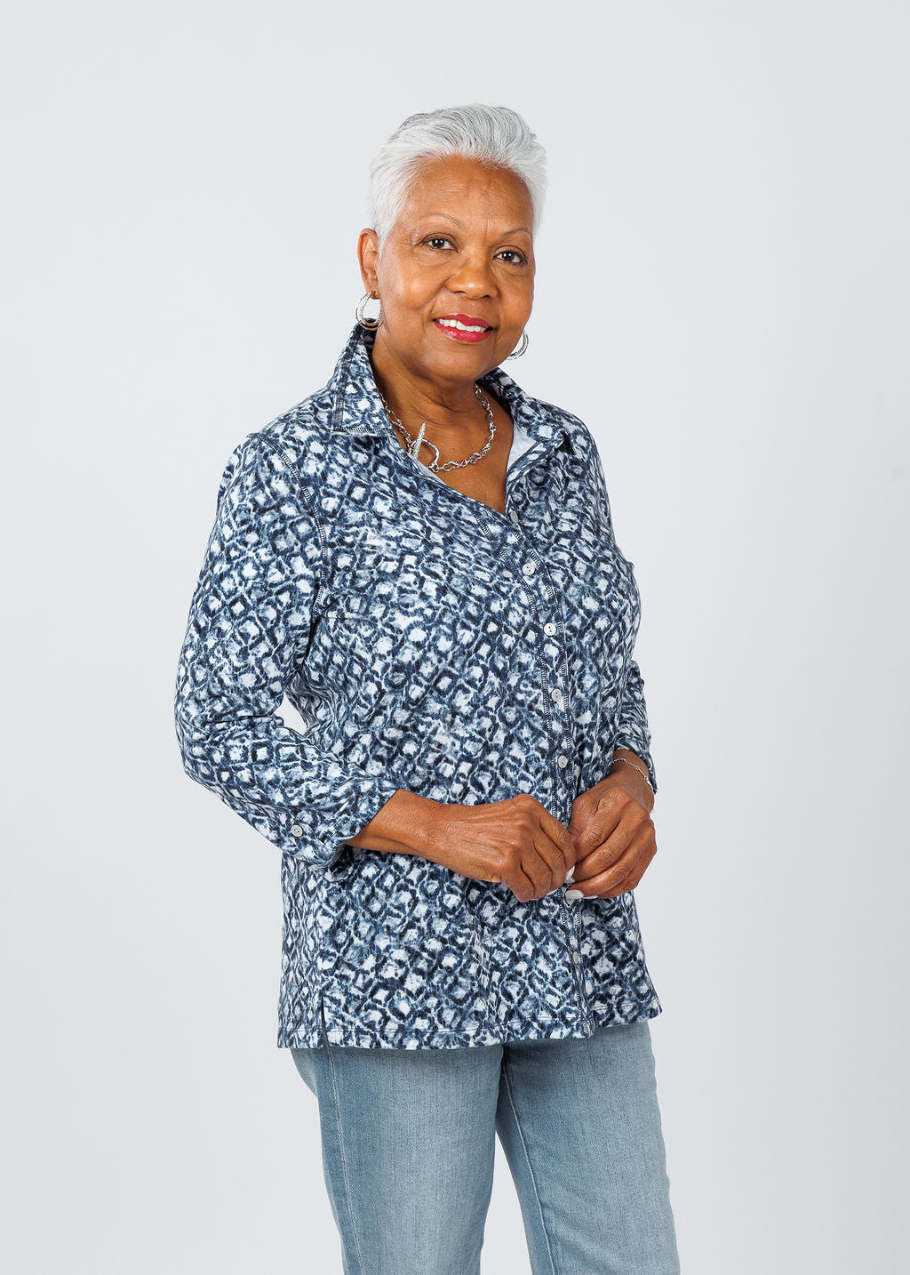 E.L.I Karen 3/4 Sleeve Shirt Jacket in Mosaic print available at Barbara Katz