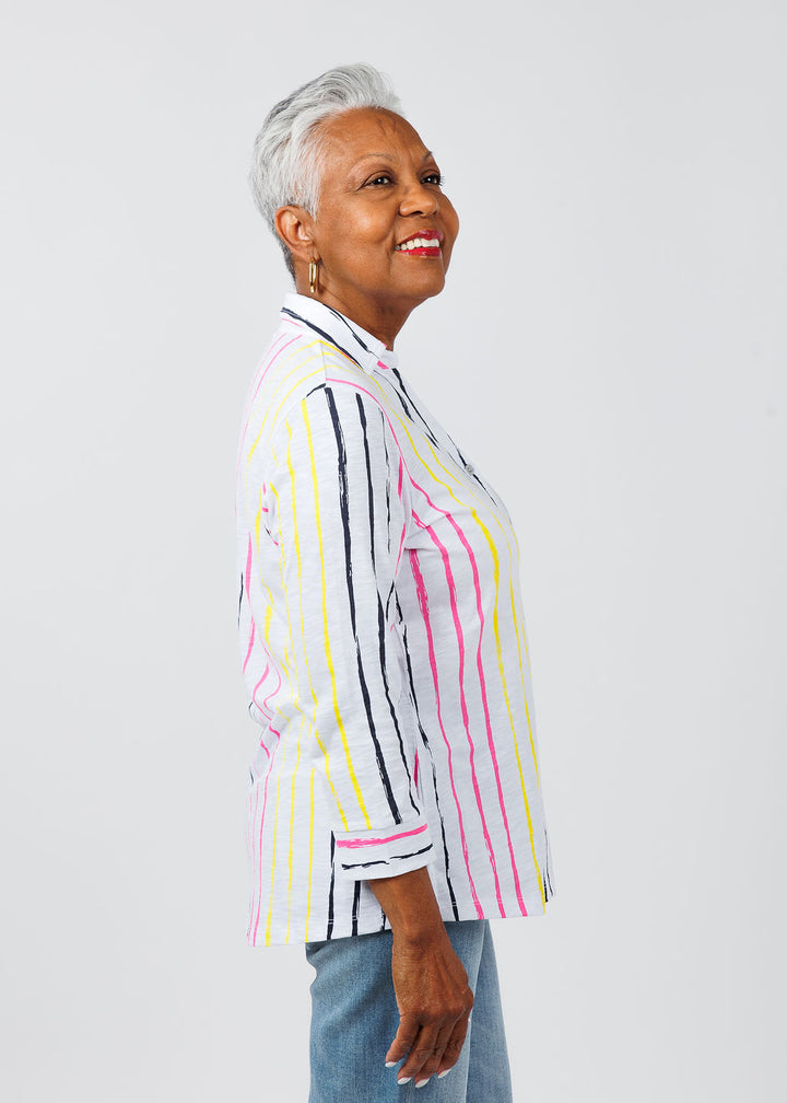 E.L.I Cece 3/4 Sleeve Shirt Jacket in Multi Stripe available at Barbara Katz