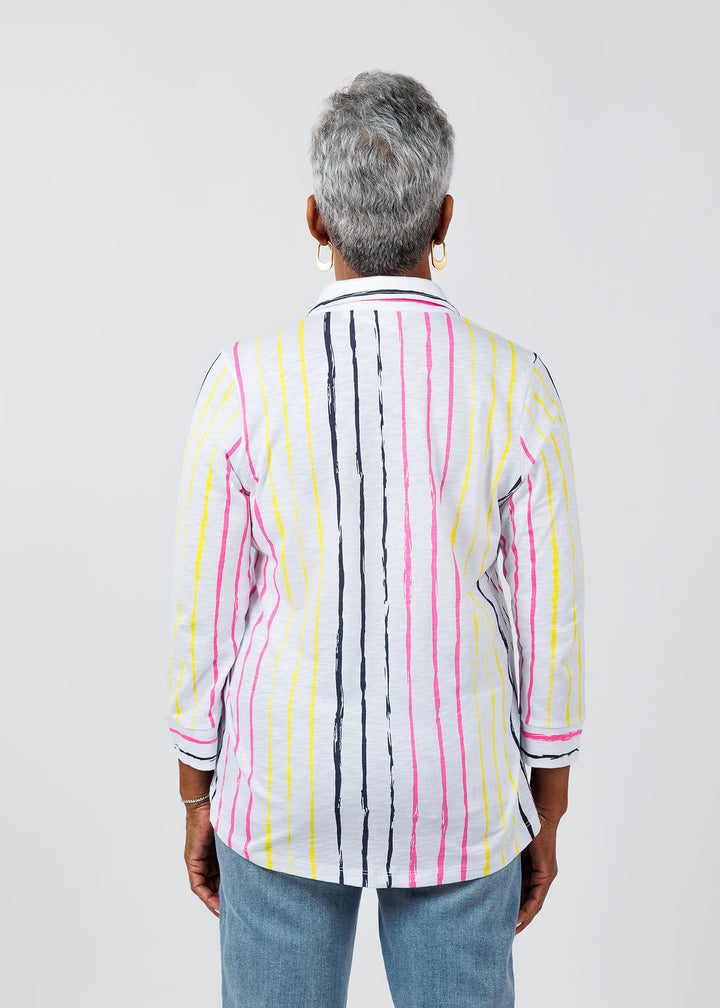 E.L.I Cece 3/4 Sleeve Shirt Jacket in Multi Stripe available at Barbara Katz