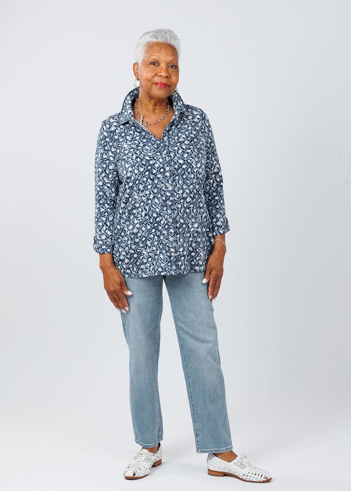 E.L.I Karen 3/4 Sleeve Shirt Jacket in Mosaic print available at Barbara Katz