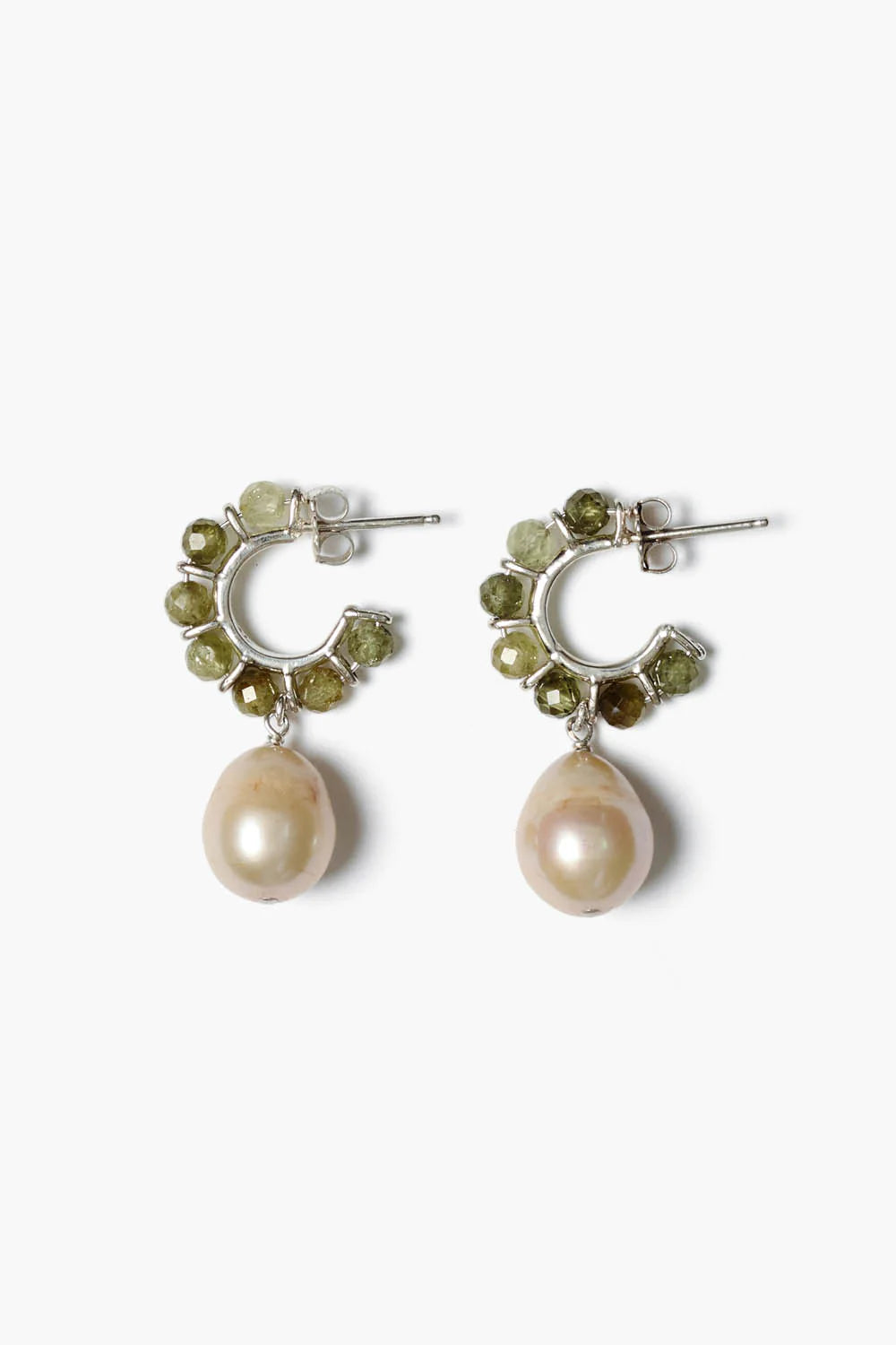 Chan Luu Yoseli Green Garnet Pearl Silver Hoop Earrings available at Barbara Katz