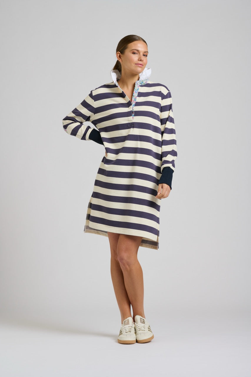 EST The Ruffle Collar Rugby Dress in Navy/White Stripe available at Barbara Katz