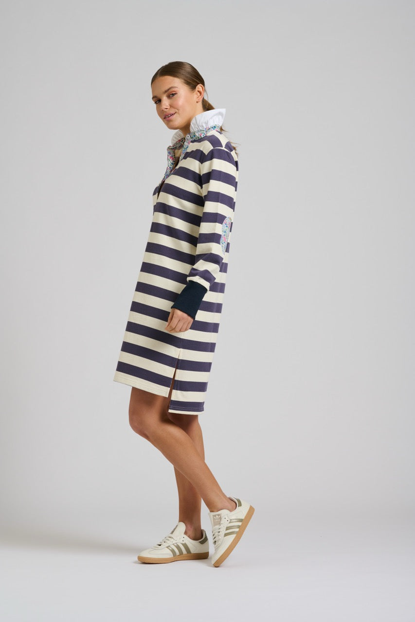 EST The Ruffle Collar Rugby Dress in Navy/White Stripe available at Barbara Katz