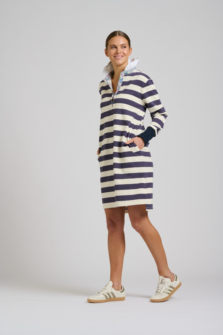 EST The Ruffle Collar Rugby Dress in Navy/White Stripe available at Barbara Katz