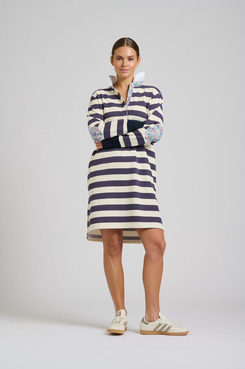 EST The Ruffle Collar Rugby Dress in Navy/White Stripe available at Barbara Katz