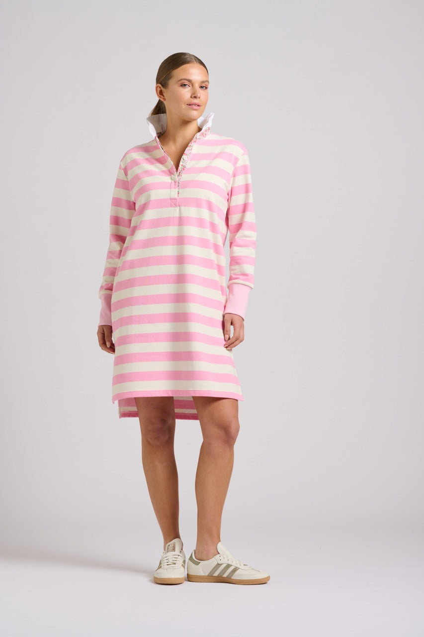 EST The Ruffle Collar Rugby Dress in Pink/White Stripe available at Barbara Katz