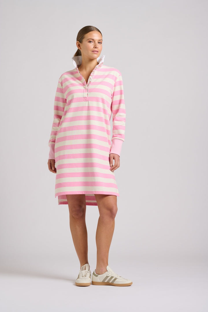 EST The Ruffle Collar Rugby Dress in Pink/White Stripe available at Barbara Katz