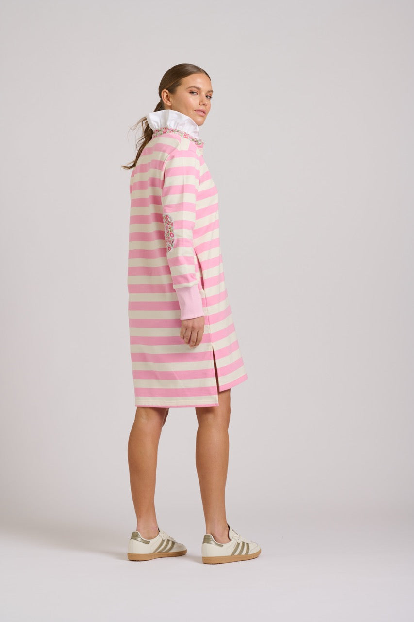 EST The Ruffle Collar Rugby Dress in Pink/White Stripe available at Barbara Katz