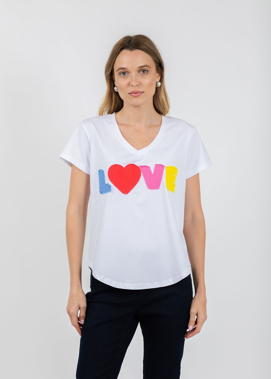 EST The V-Neck Love Tee in White/Multi available at Barbara Katz