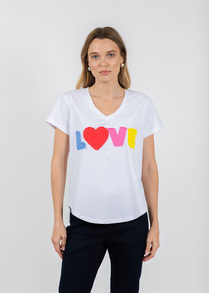 EST The V-Neck Love Tee in White/Multi available at Barbara Katz