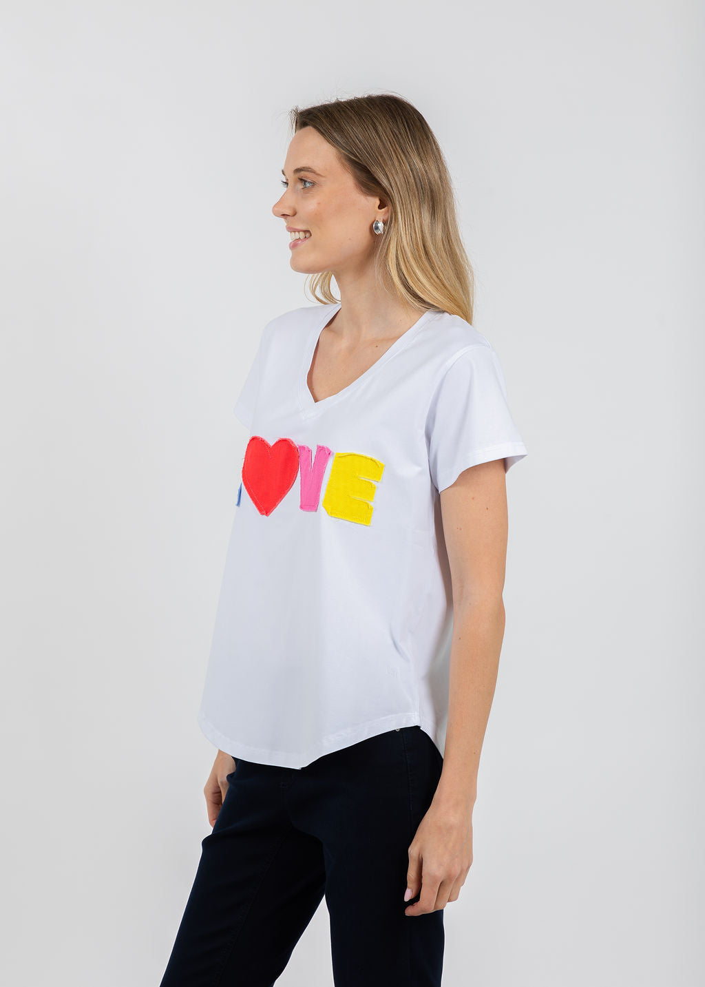EST The V-Neck Love Tee in White/Multi available at Barbara Katz