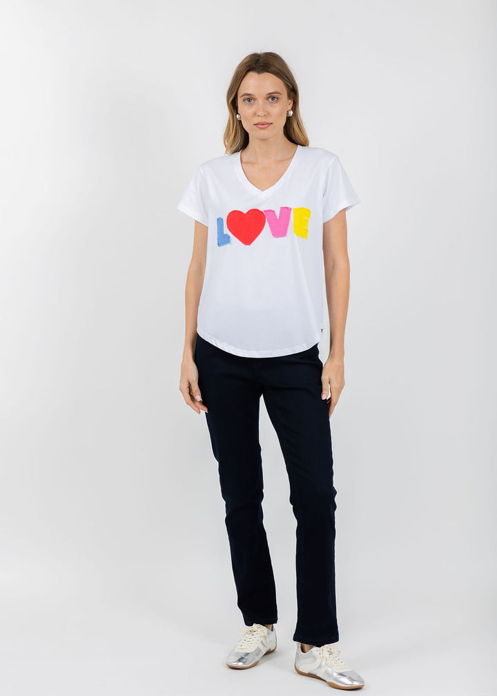 EST The V-Neck Love Tee in White/Multi available at Barbara Katz