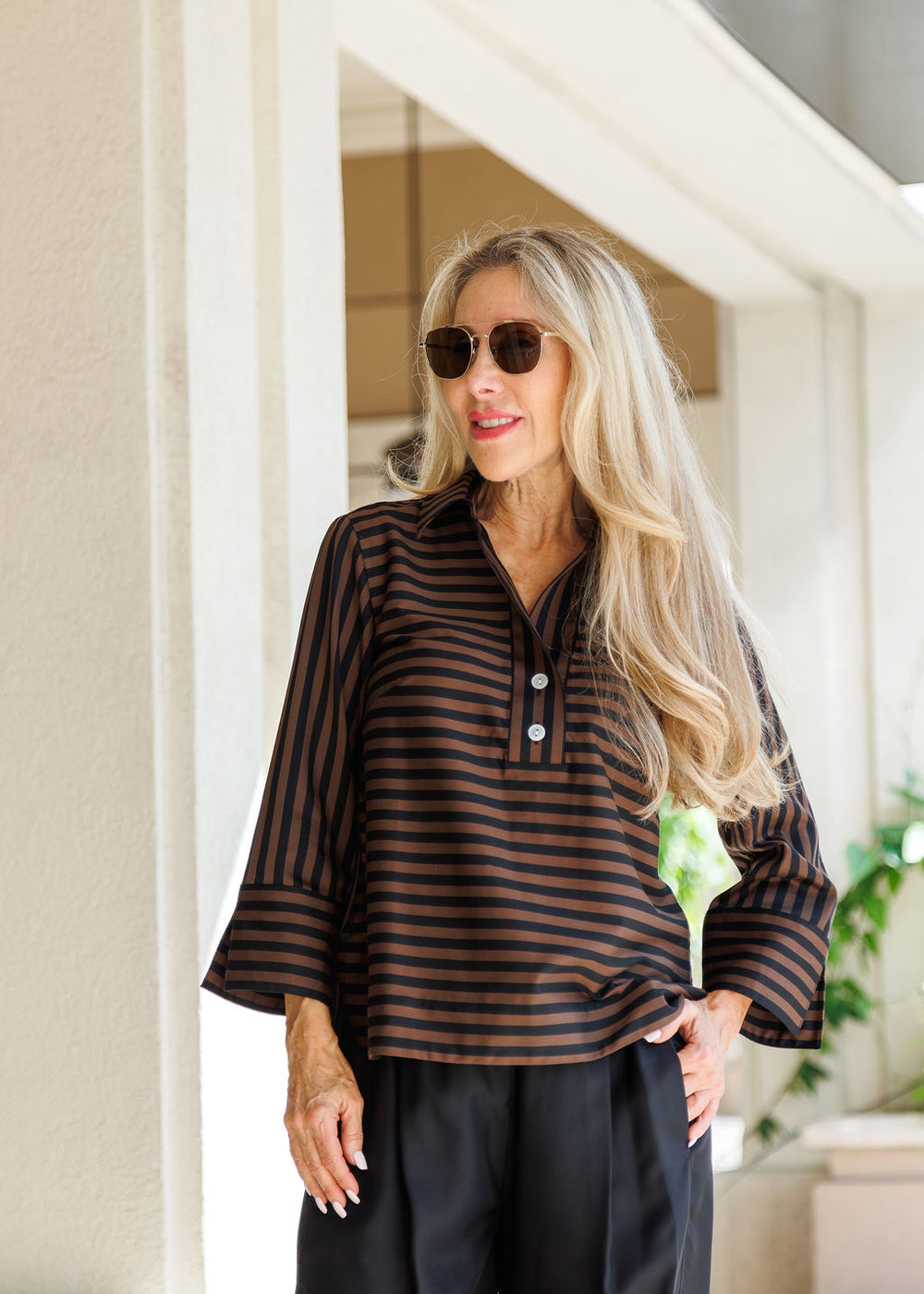Hinson Wu Aileen 3/4 Sleeve Classic Stripe Shirt in Caramel/Black available at Barbara Katz
