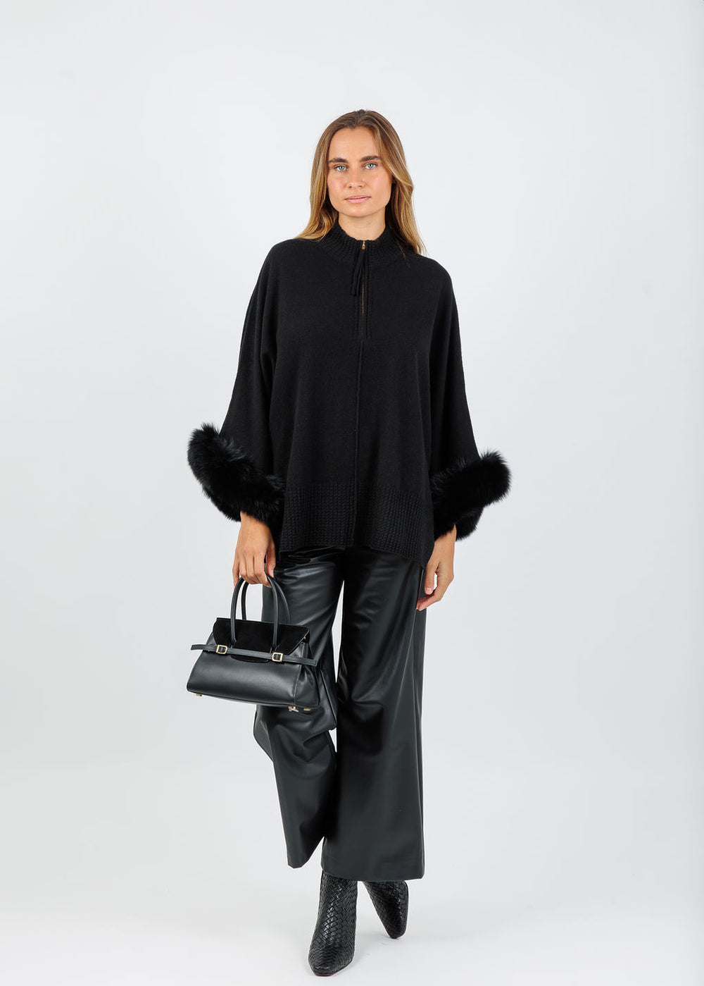BK Eliza Cashmere Fox Trim Poncho in Ebony available at Barbara Katz