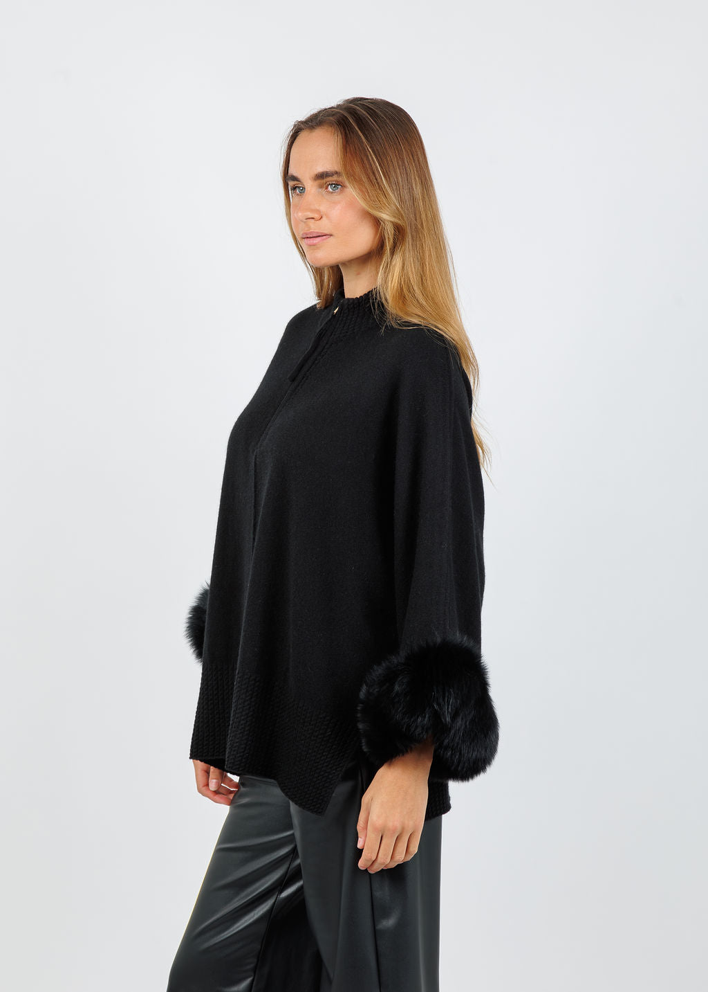 BK Eliza Cashmere Fox Trim Poncho in Ebony available at Barbara Katz