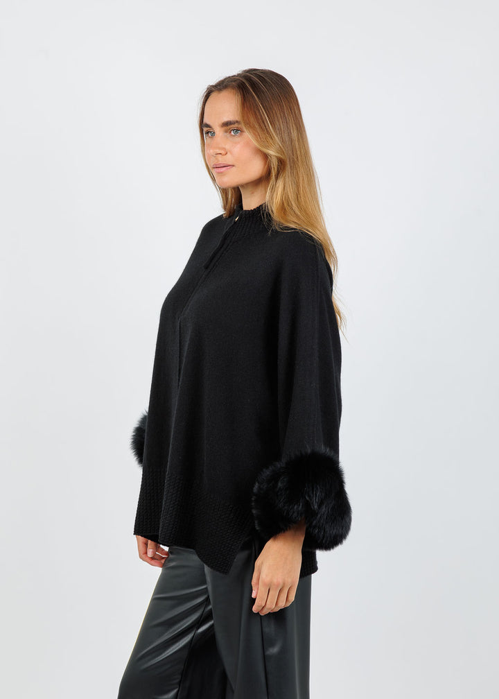 BK Eliza Cashmere Fox Trim Poncho in Ebony available at Barbara Katz