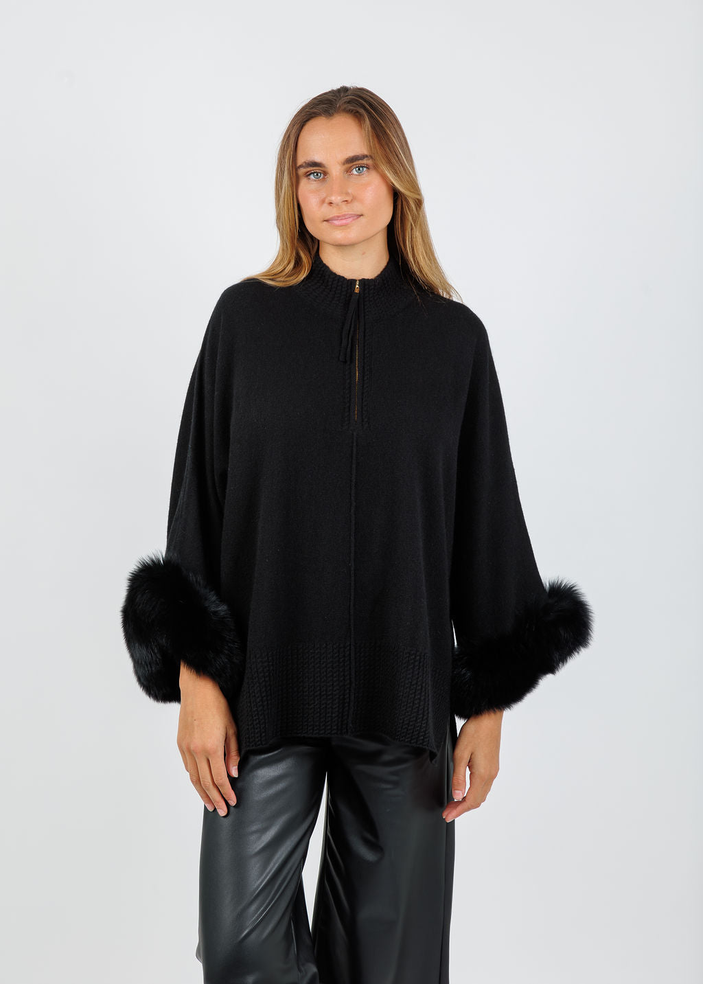 BK Eliza Cashmere Fox Trim Poncho in Ebony available at Barbara Katz