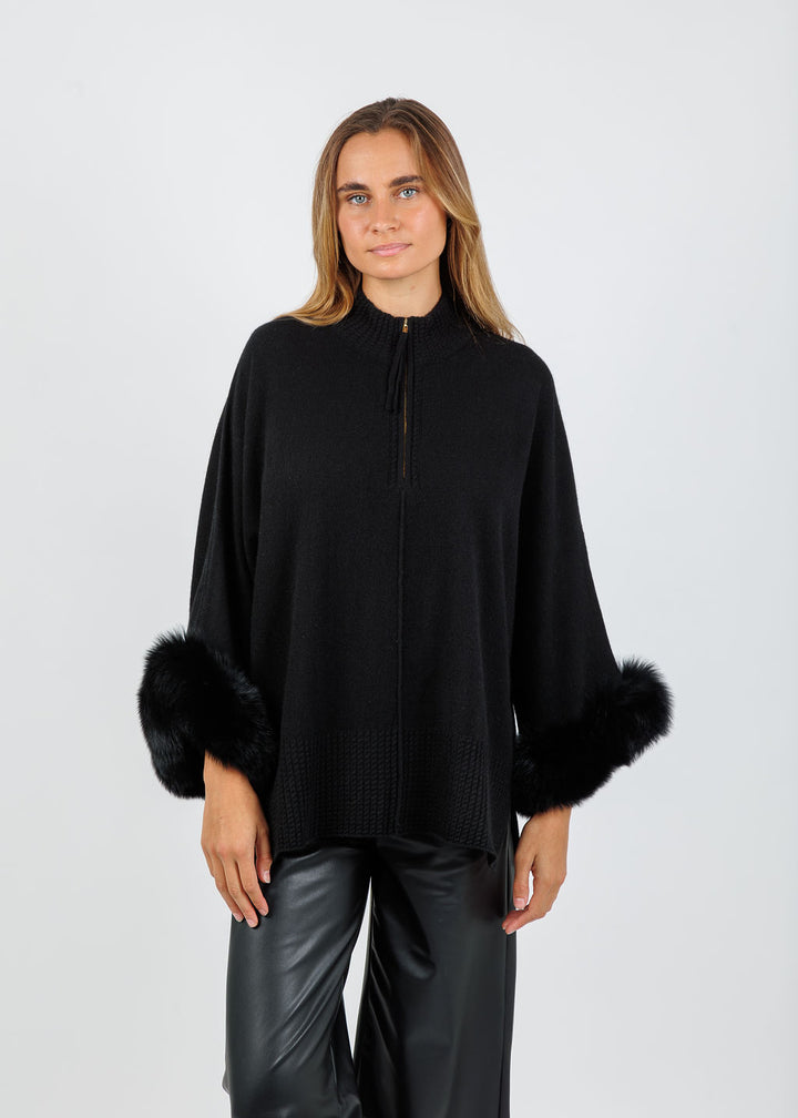 BK Eliza Cashmere Fox Trim Poncho in Ebony available at Barbara Katz