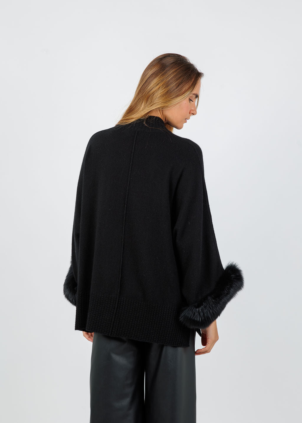 BK Eliza Cashmere Fox Trim Poncho in Ebony available at Barbara Katz
