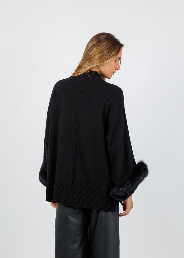 BK Eliza Cashmere Fox Trim Poncho in Ebony available at Barbara Katz