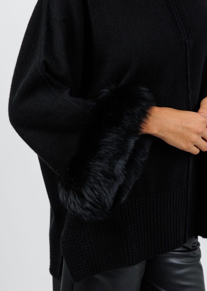 BK Eliza Cashmere Fox Trim Poncho in Ebony available at Barbara Katz