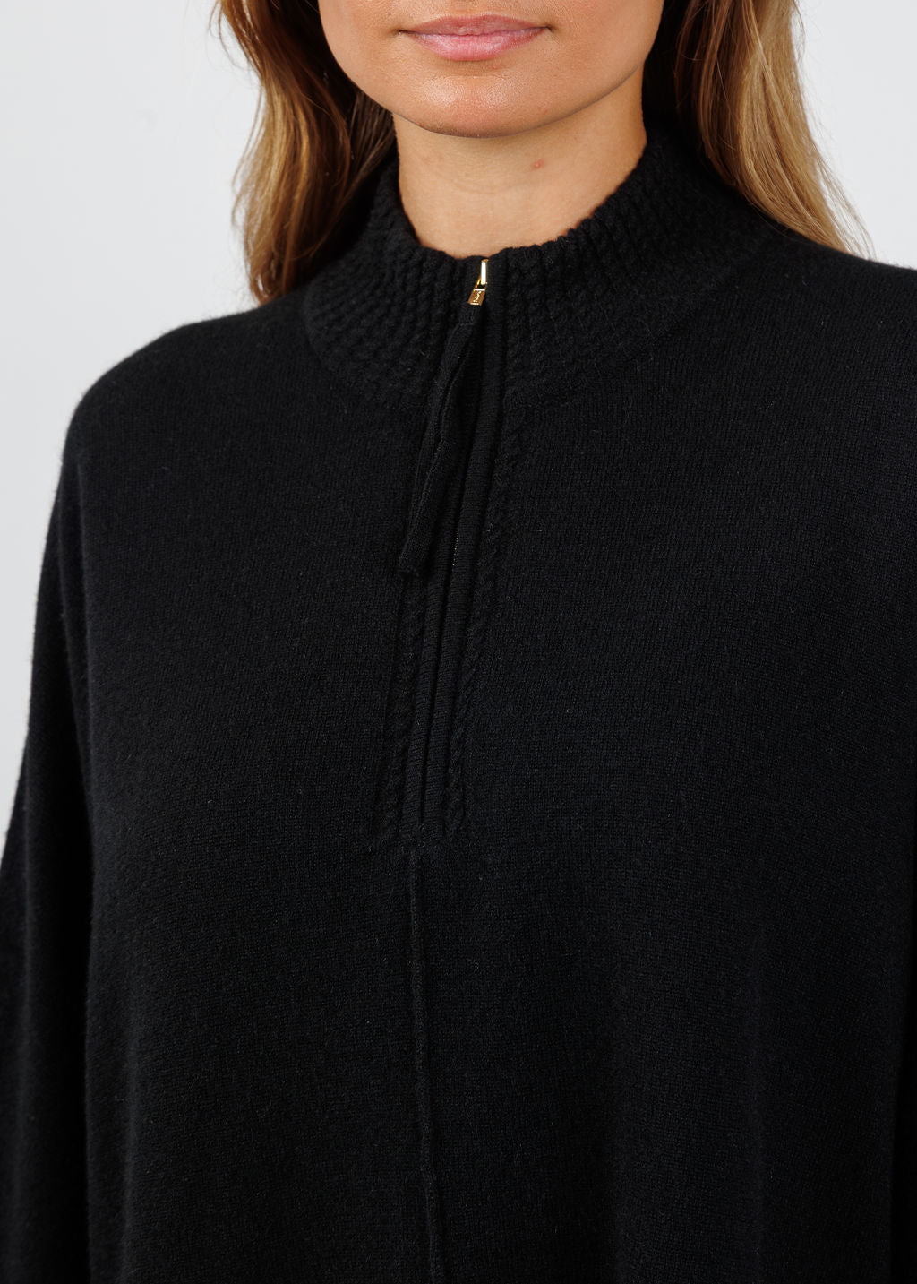 BK Eliza Cashmere Fox Trim Poncho in Ebony available at Barbara Katz