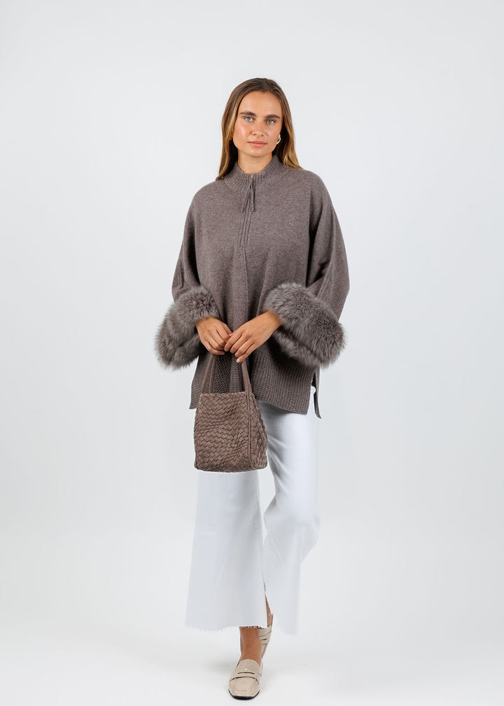 BK Eliza Cashmere Fox Trim Poncho in Portabello available at Barbara Katz