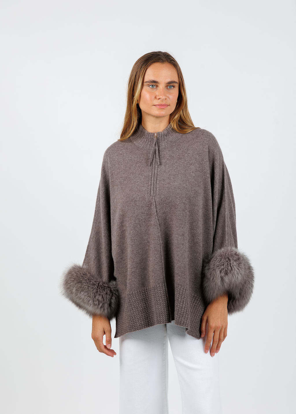 BK Eliza Cashmere Fox Trim Poncho in Portabello available at Barbara Katz