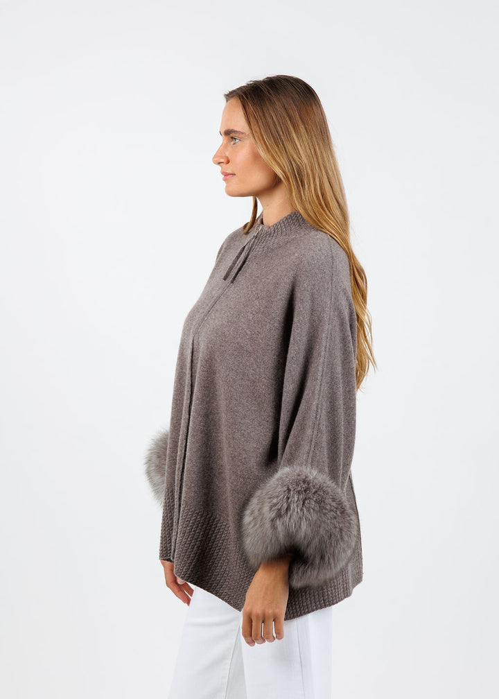 BK Eliza Cashmere Fox Trim Poncho in Portabello available at Barbara Katz
