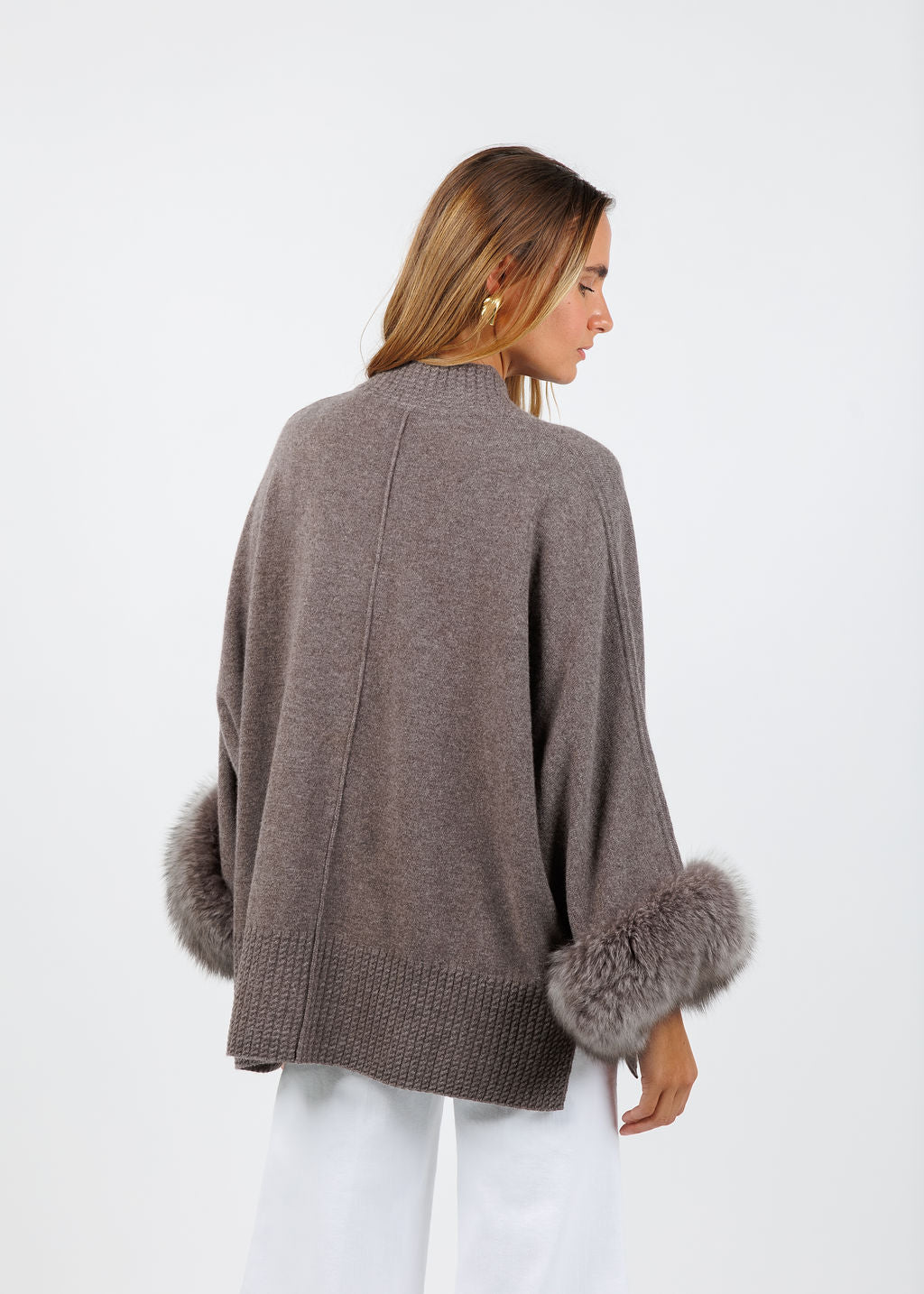 BK Eliza Cashmere Fox Trim Poncho in Portabello available at Barbara Katz